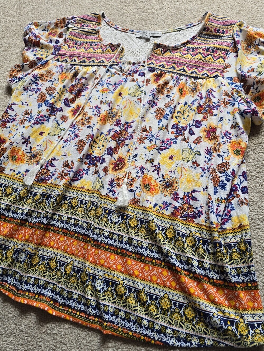 Absolutely Famous Boho Floral Embroidered Peasant Top in Multi-Color Womens 3X
